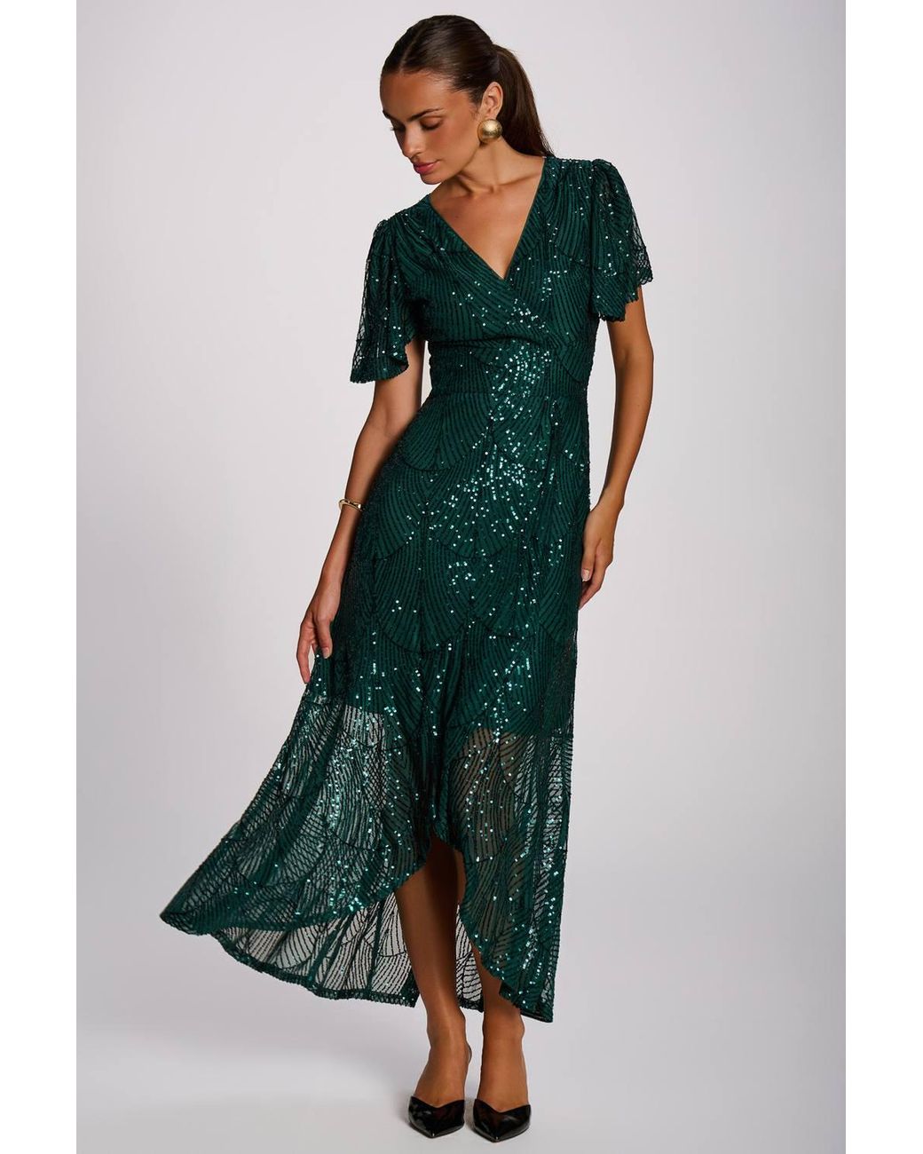 Jolie Moi Green Sequin Angel Sleeve Flare Hem Maxi Dress
