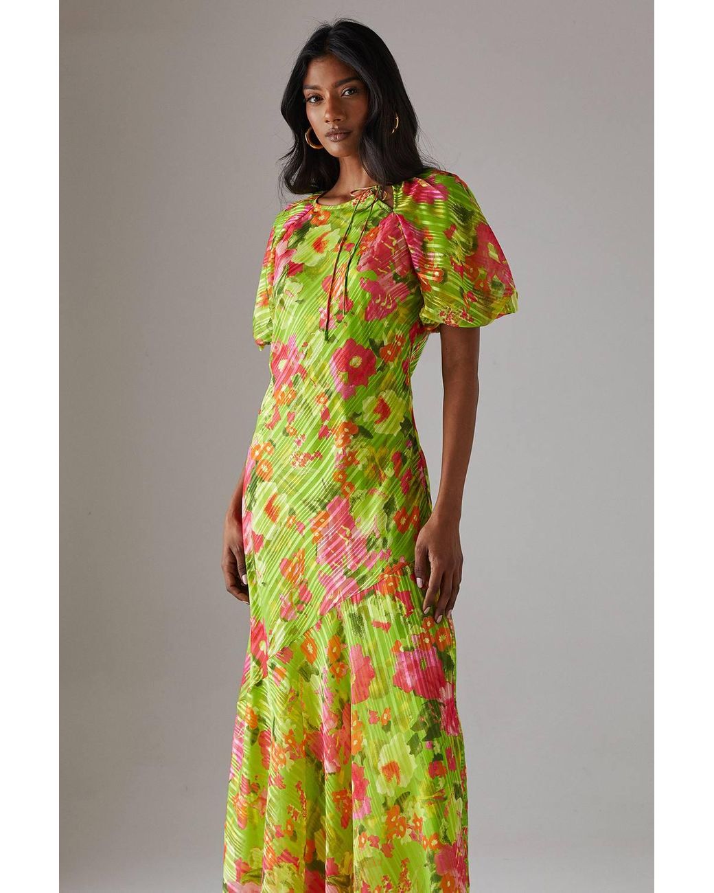 Warehouse Multicolor Shadow Stripe Tie Neck Bias Midi Dress