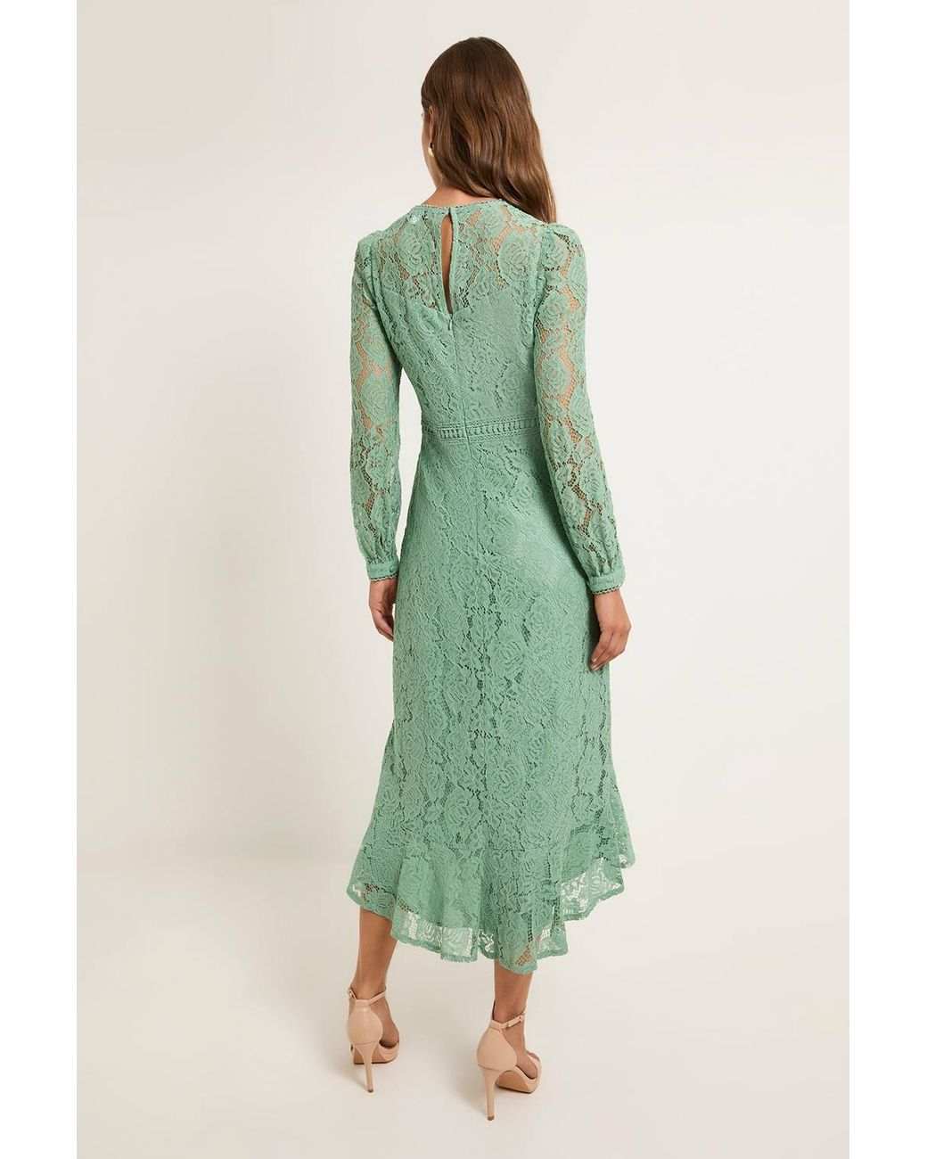 Wallis Green Lace High Neck Ruffle Midi Dress