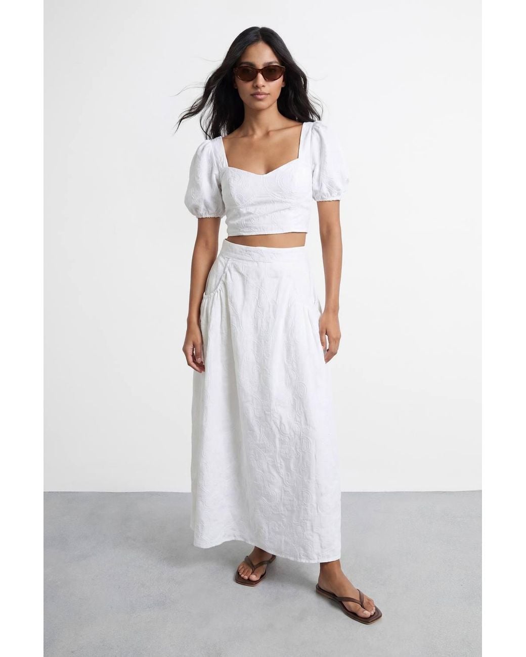Warehouse White High Waist Embroidered Cotton Skirt With Pockets