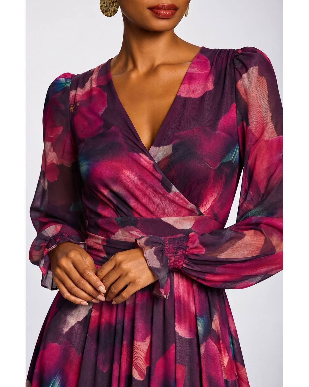 Jolie Moi Red Long Sleeve V Neck Mesh Maxi Dress