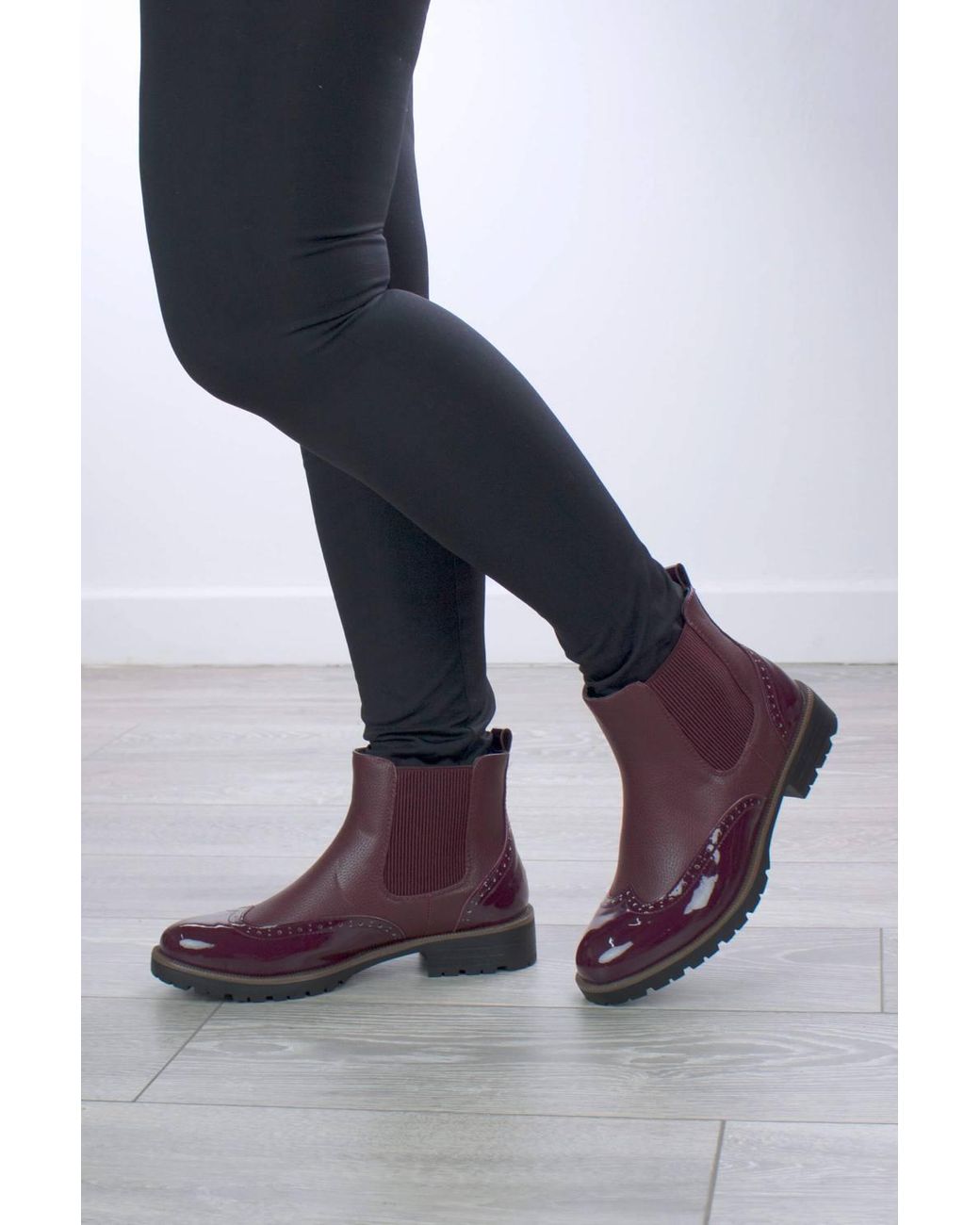 AJVANI Red Low Heel Pull On Brogue Ankle Chelsea Boots