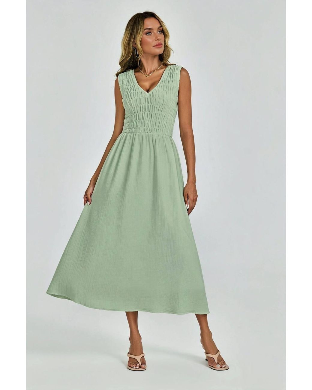 FS Collection Green Sleeveless Shirred Bodice Midi Dress