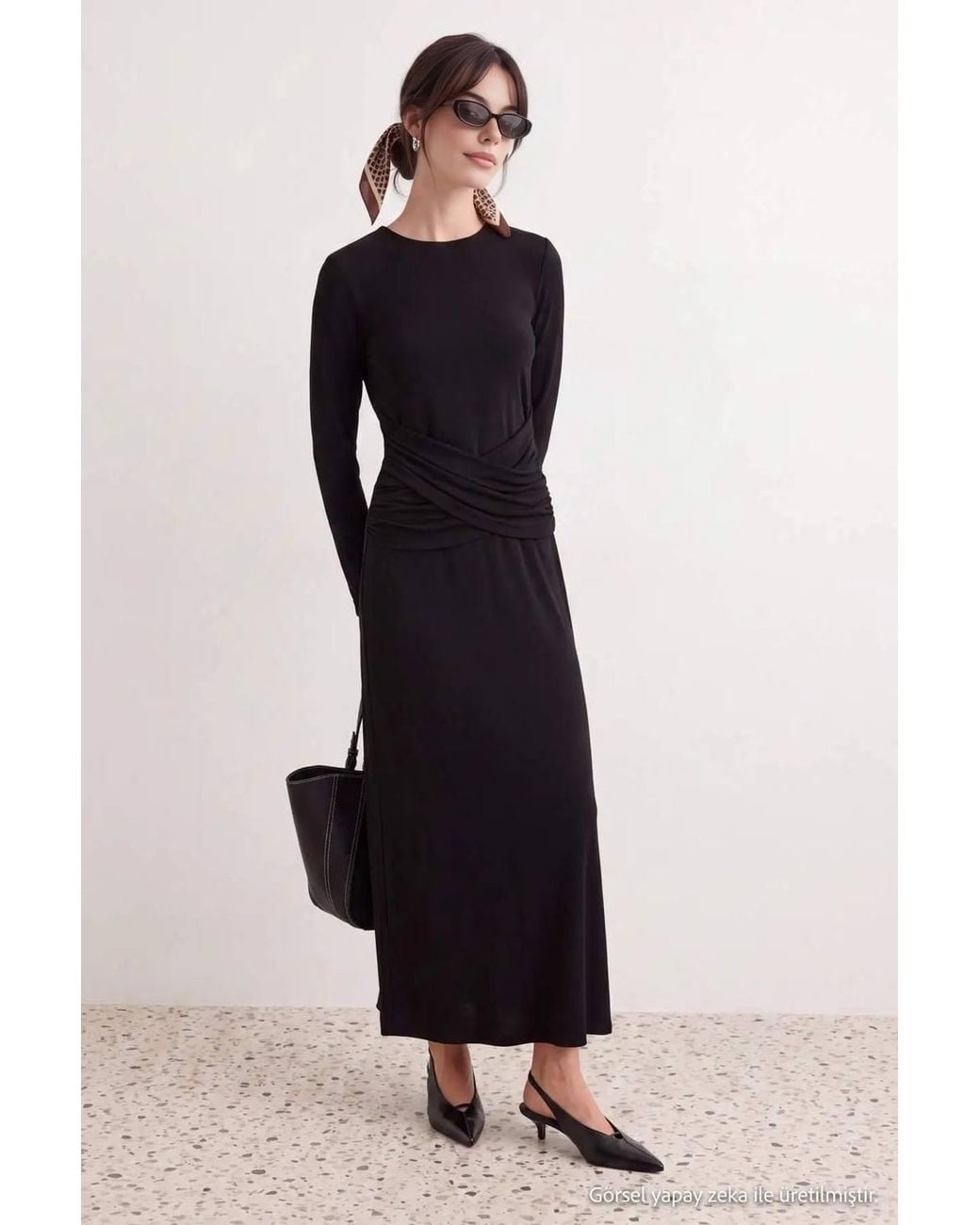 WOVCOR Black High Neck Long Sleeve A-Line Maxi Dress