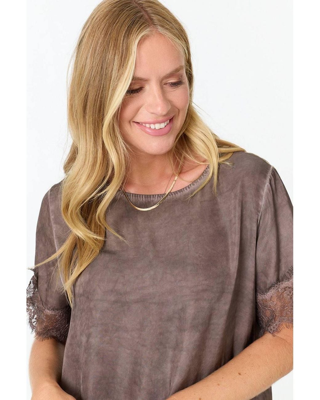 Izabel London Brown Lace Trim Asymmetric 1/2 Sleeve Top