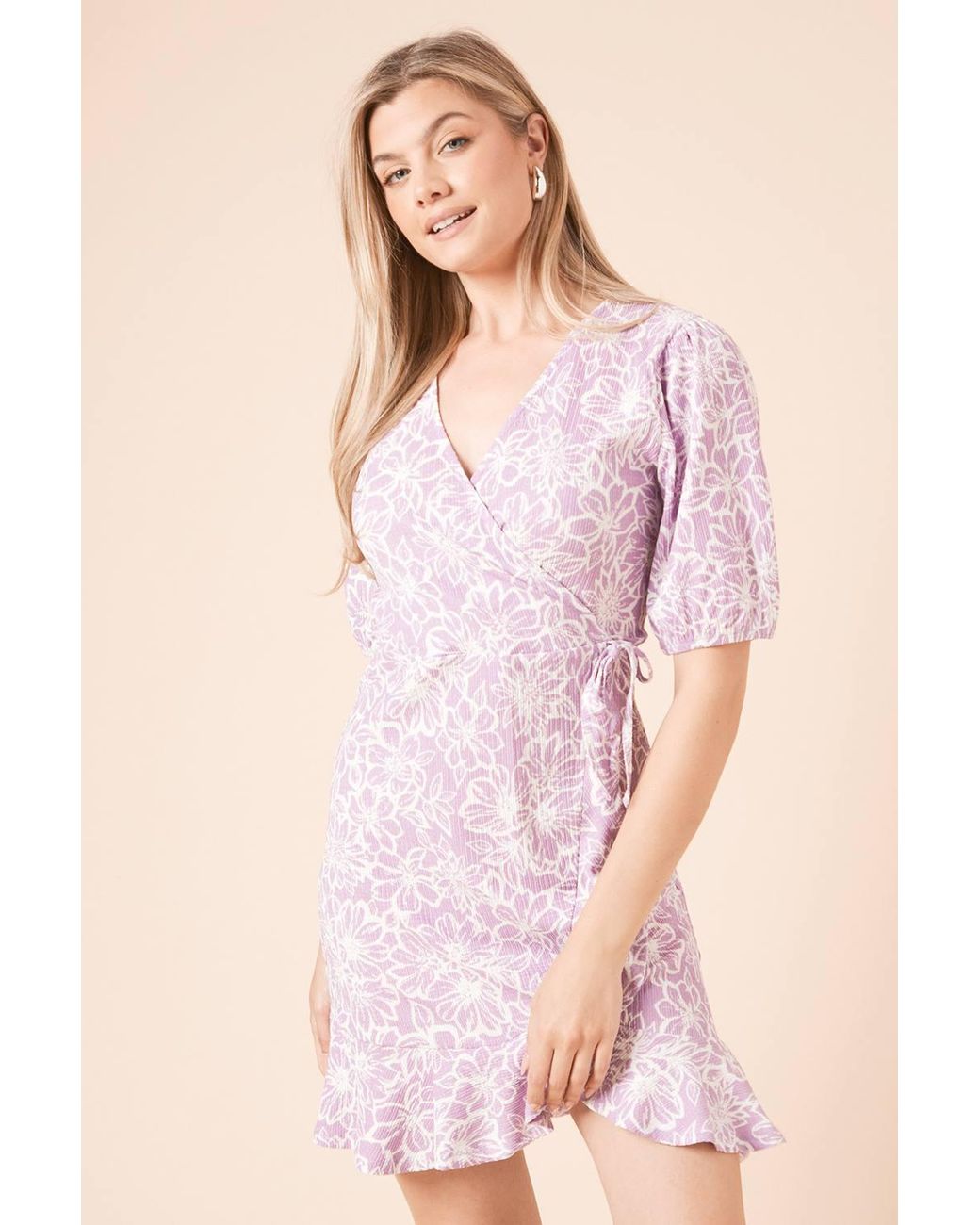 Dorothy Perkins Pink Floral Puff Sleeve Mini Jersey Wrap Dress