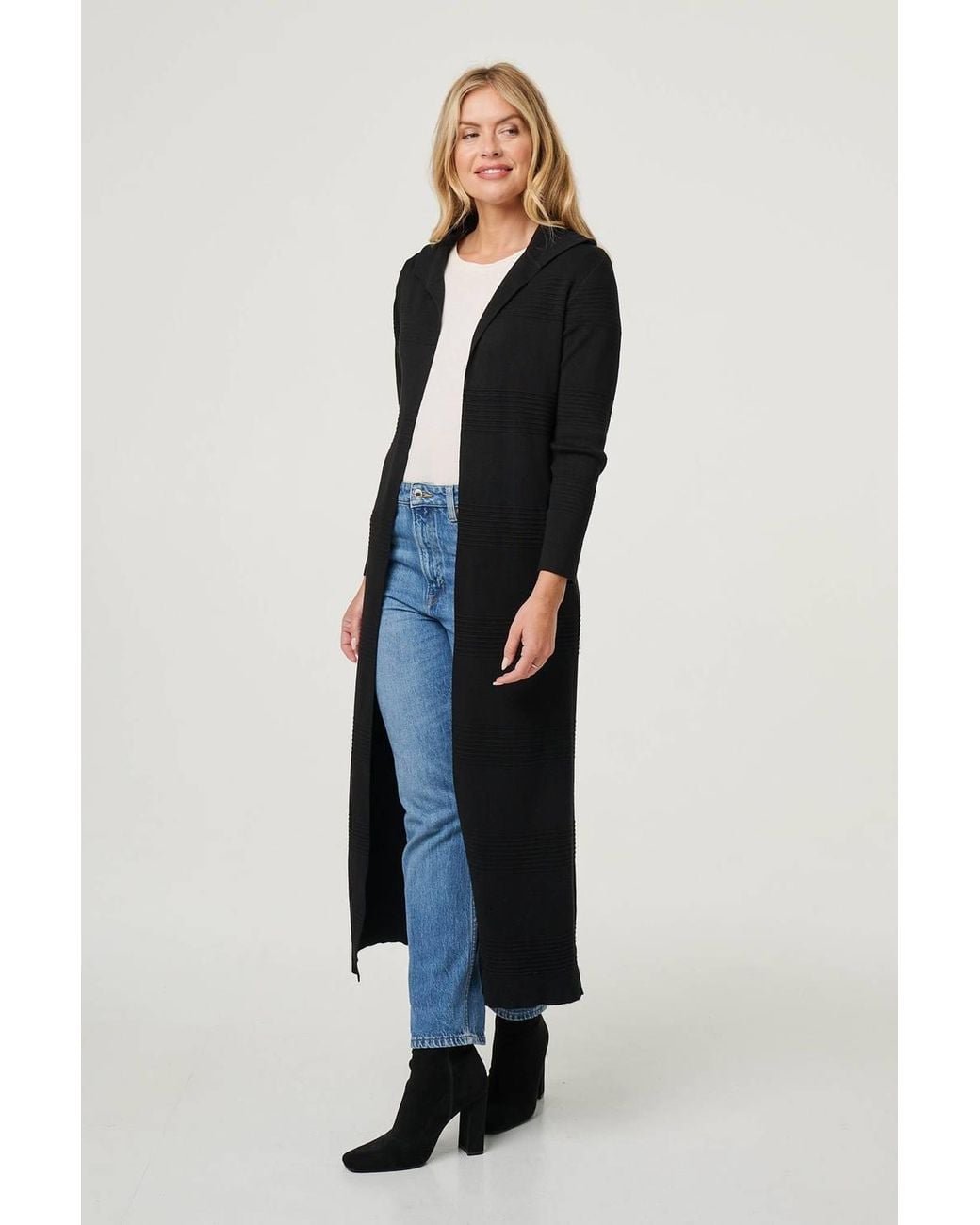 Izabel London Blue Hooded Open Front Longline Coat