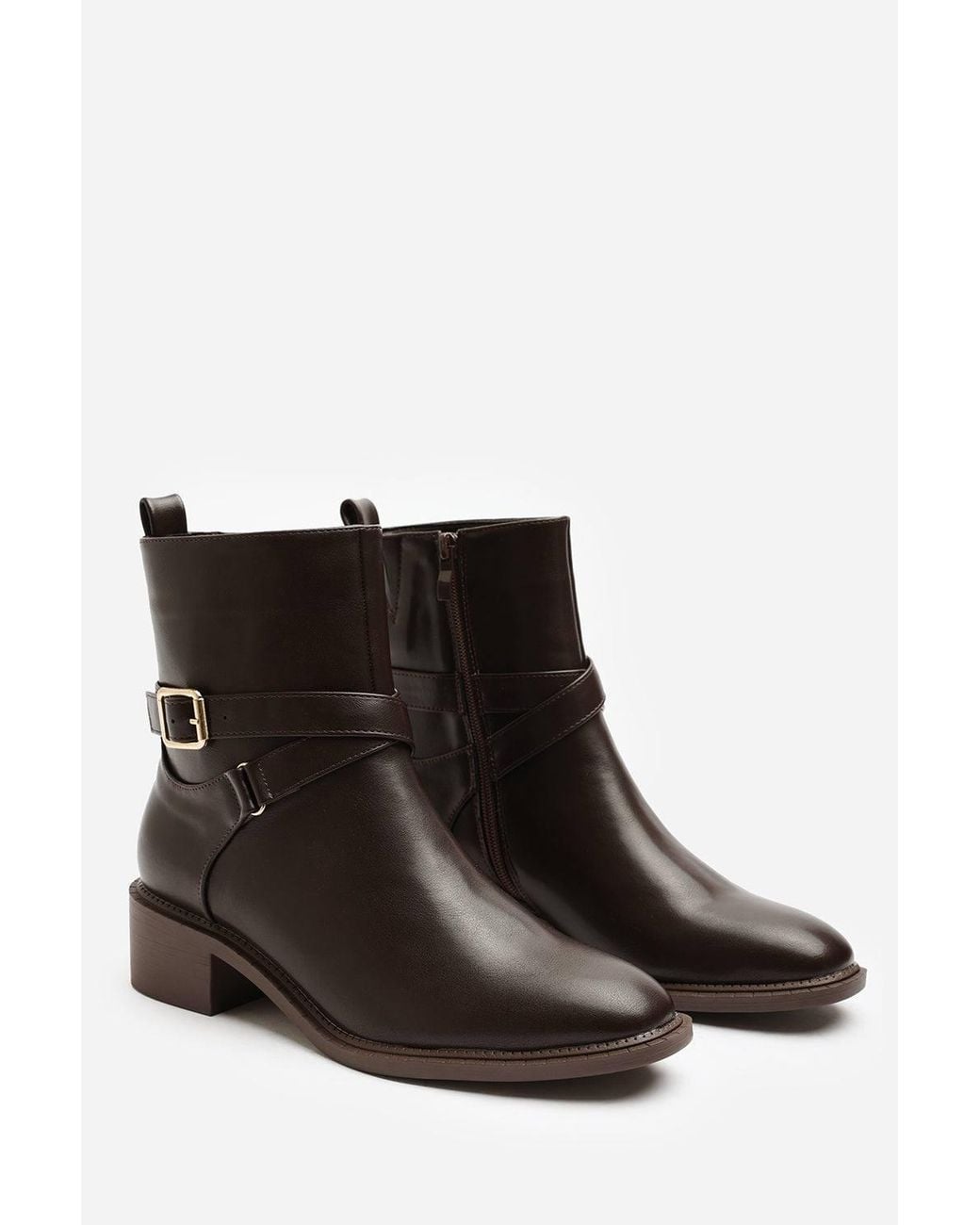 Where's That From Black Elvara Low Block Heel Ankle Boot W/ Strap Detail