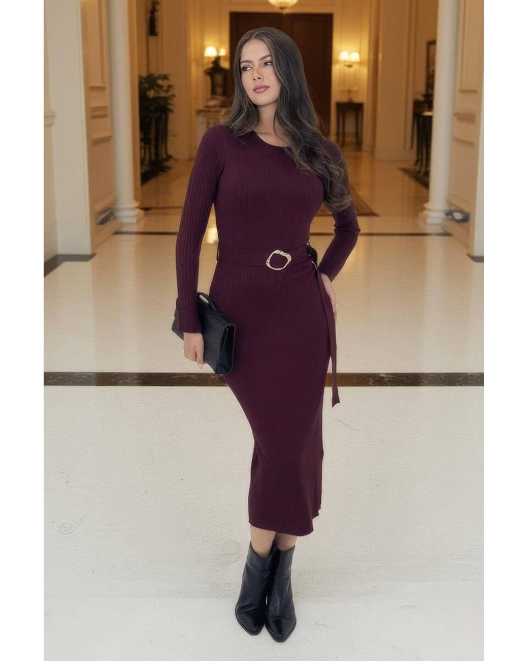 AX Paris Black Rib Knit Buckle Detail Midi Dress