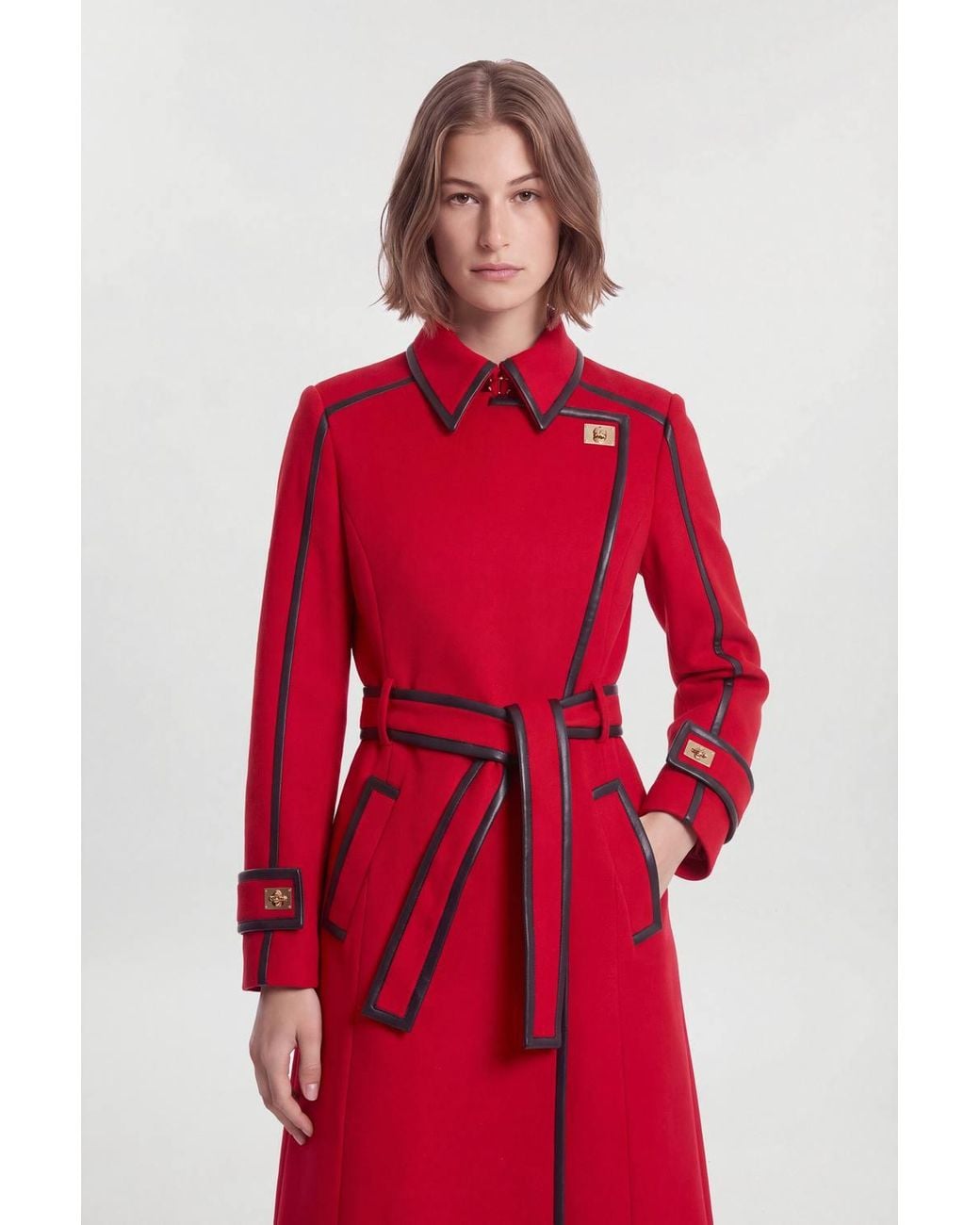 Karen Millen Petite Brushed Wool Pu Trim Belted Tailored Double Breasted Midi Coat
