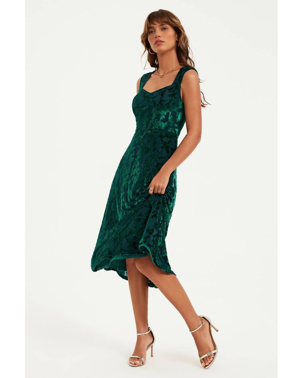 FS Collection Green Floral Velvet Devore Sweetheart Neck Midi Dress