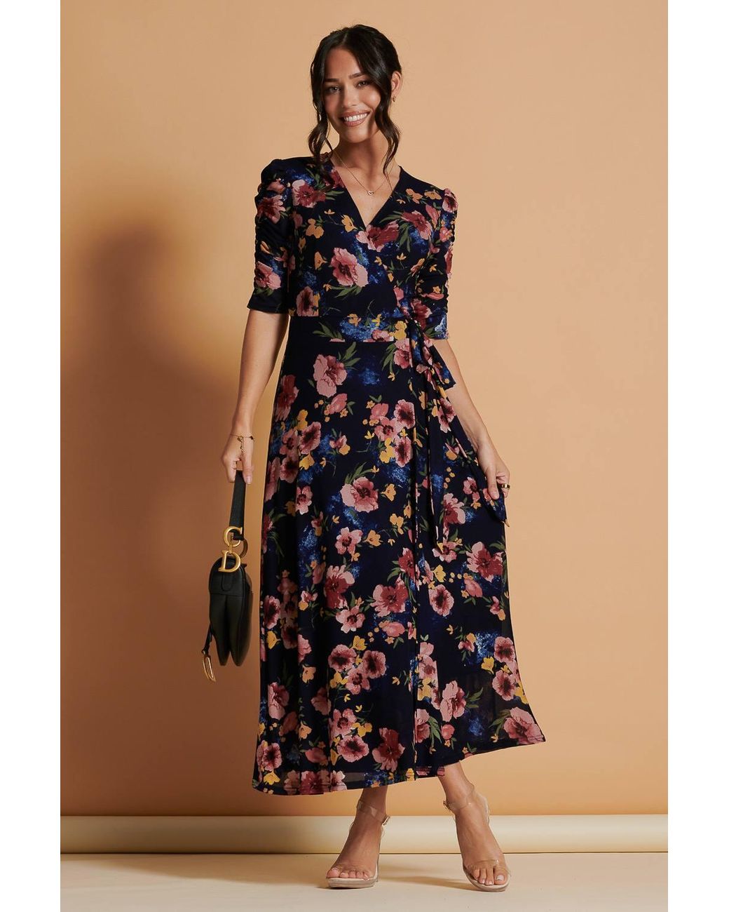 Jolie Moi Blue Qaliyah Wrap Front Mesh Maxi Dress