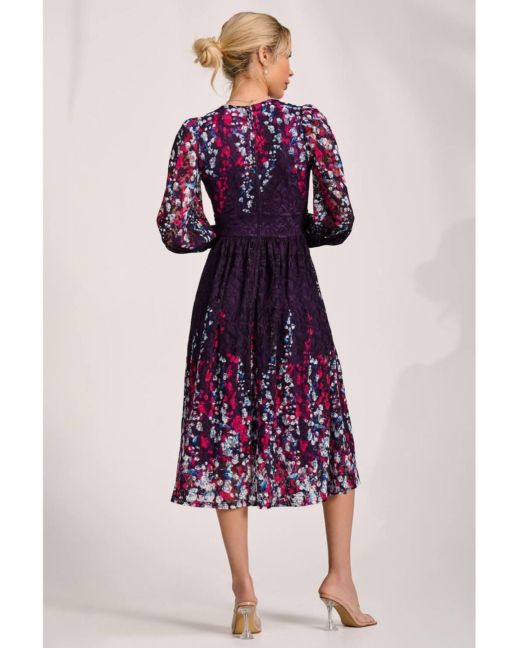 Jolie Moi Purple Long Sleeve Printed Lace Midi Dress