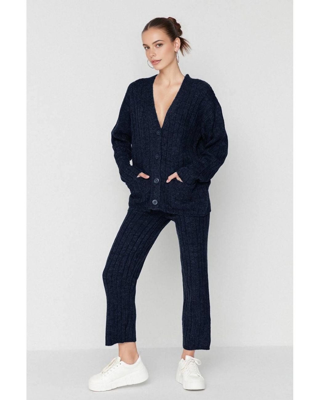 WOVCOR Blue 2-Piece Set Ribbed Knit Cardigan & Wide Leg Trousers
