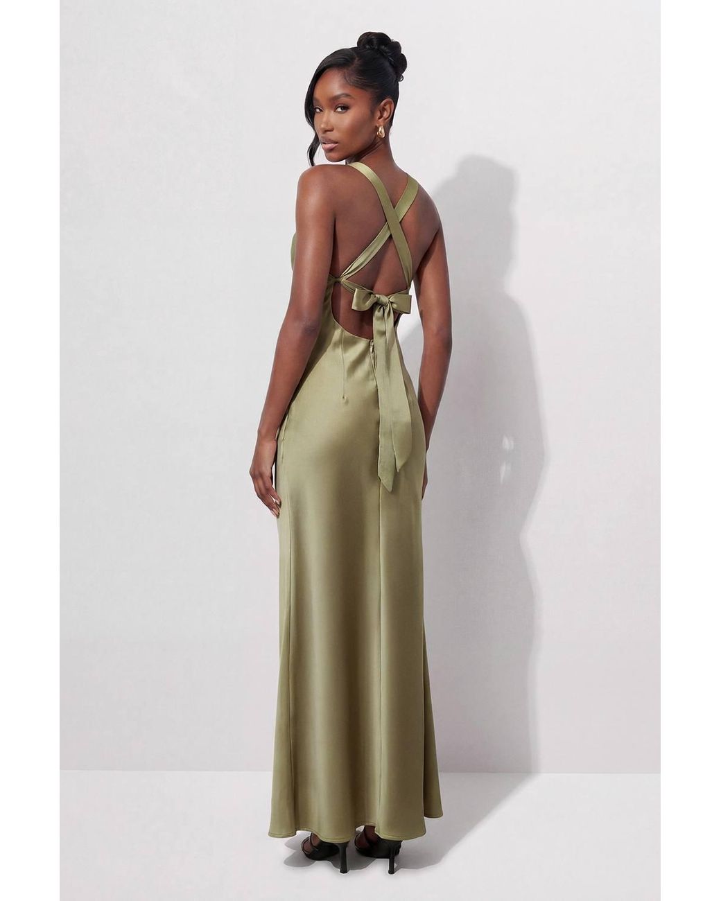 MissPap Green Premium Satin Cowl Neck Fishtail Maxi Dress