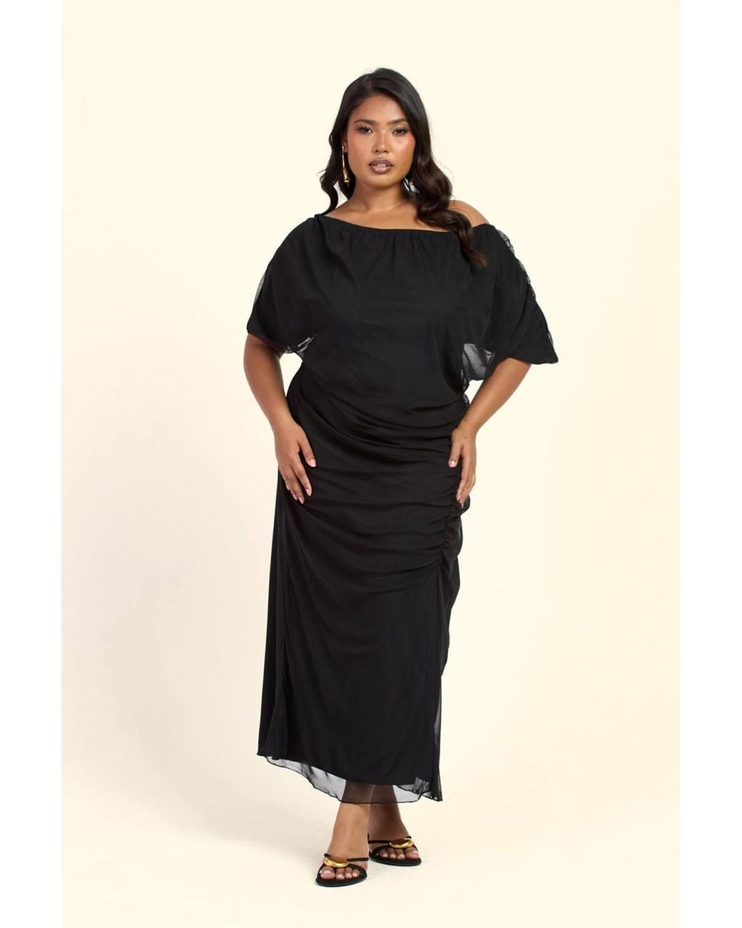 FASHION-SZN Black Curve Drop Shoulder Ruched Mesh Midaxi Dress