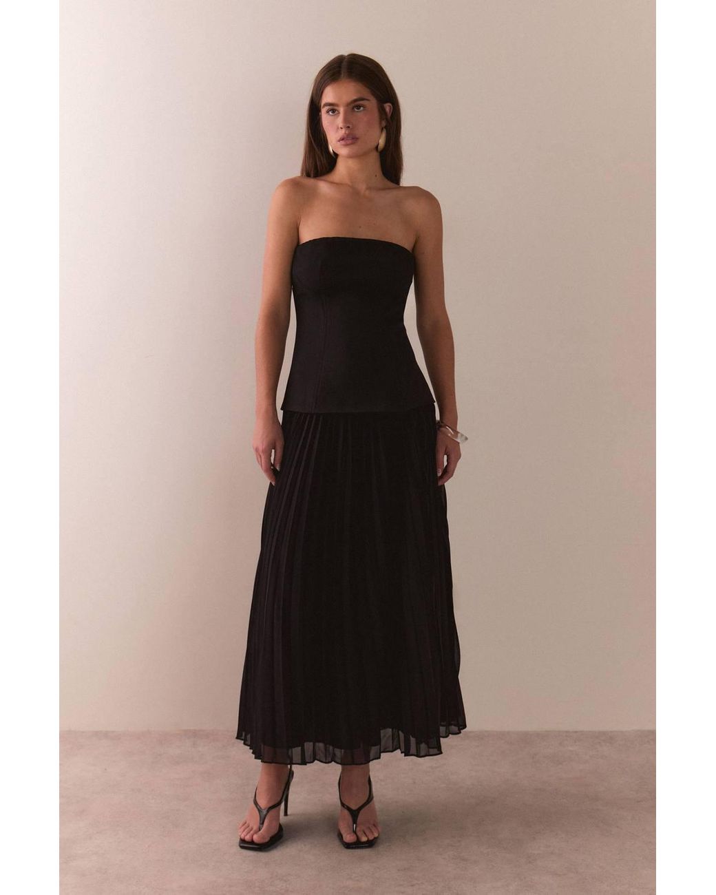 Warehouse Black Bandeau Bodice Pleated Chiffon Midi Dress