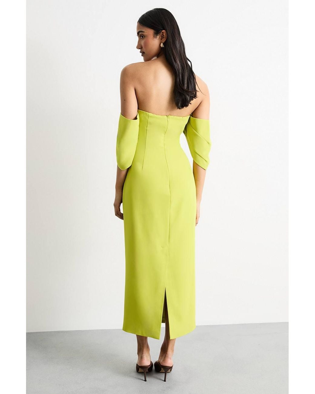 Warehouse Yellow Stretch Crepe Bardot Column Midi Dress