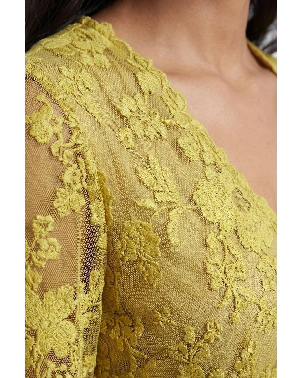 Warehouse Yellow Embroidered Organza Open Back Detail Maxi Dress