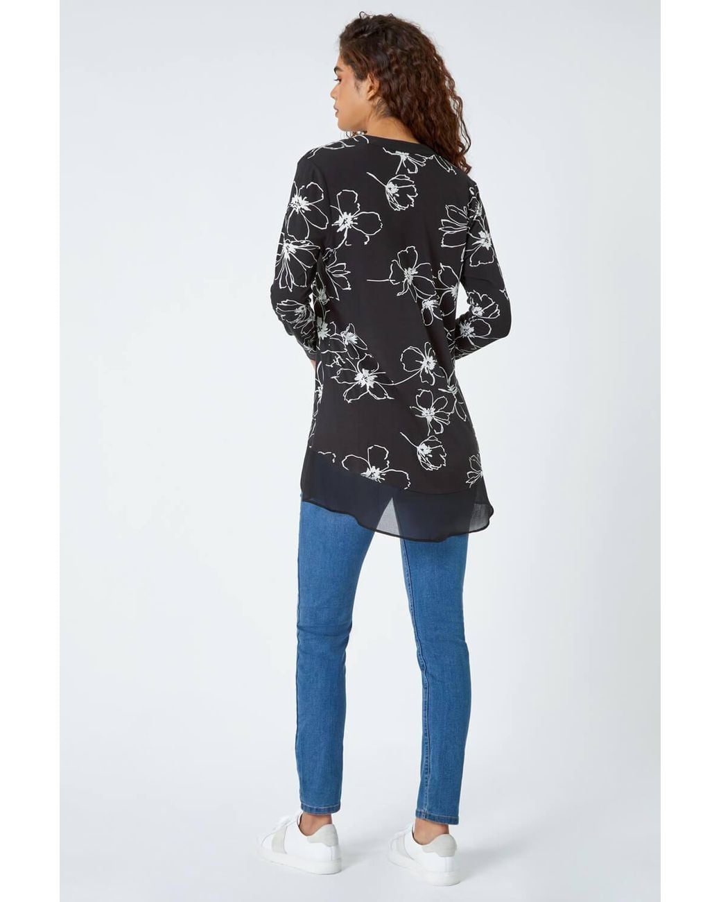 Roman Black Floral Print Chiffon Hem Stretch Top