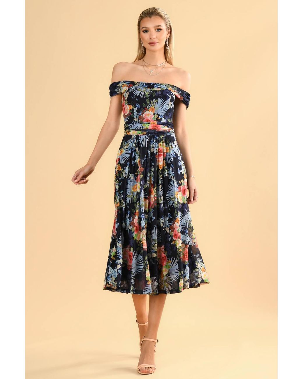 Jolie Moi Blue Rezka Shoulder Mesh Midi Dress