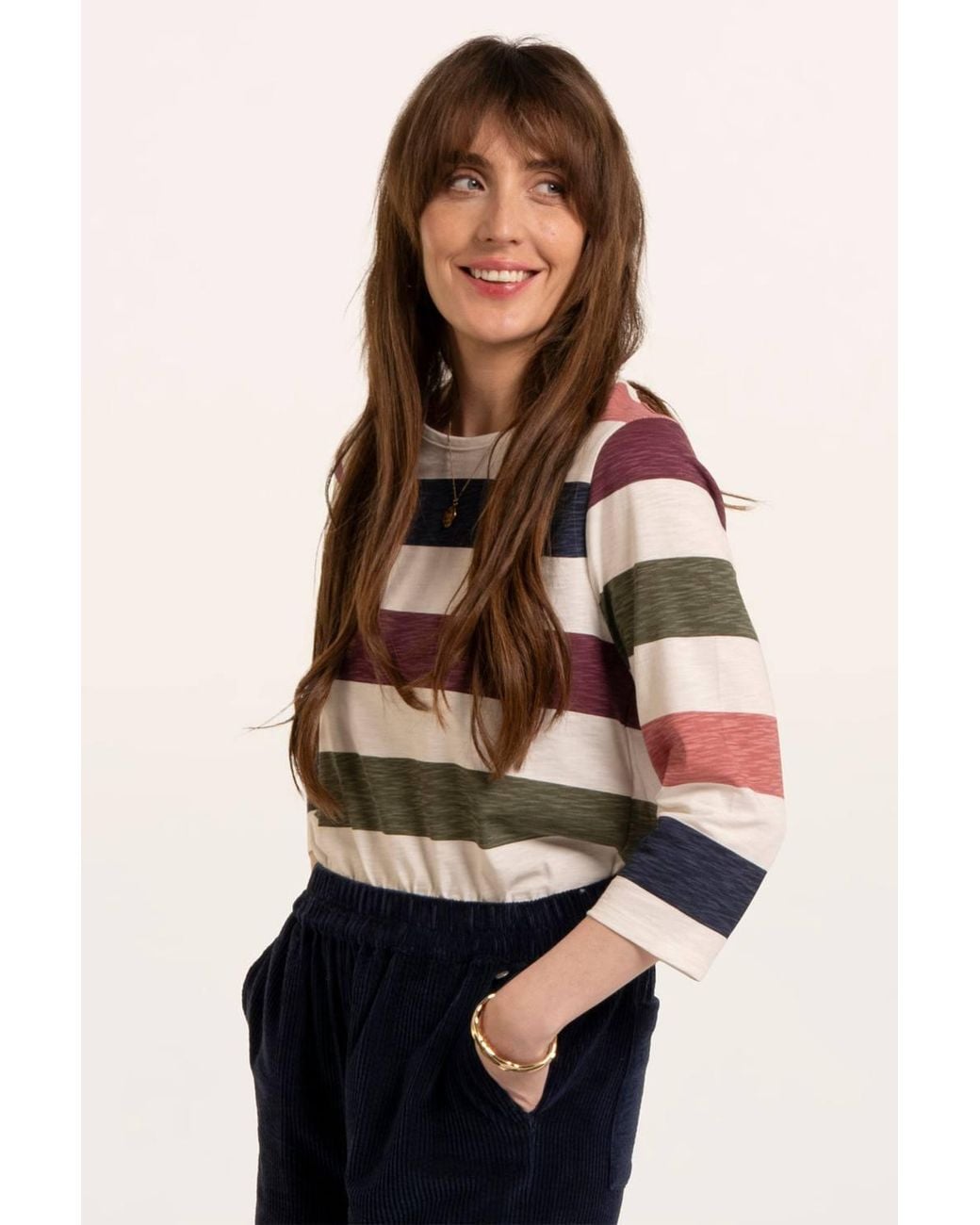 Brakeburn Blue Lulworth Multi Colour Stripe 3/4 Sleeve T-Shirt