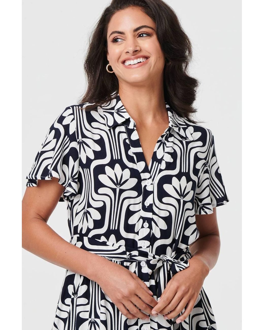 Izabel London Blue Printed Short Sleeve Mini Shirt Dress