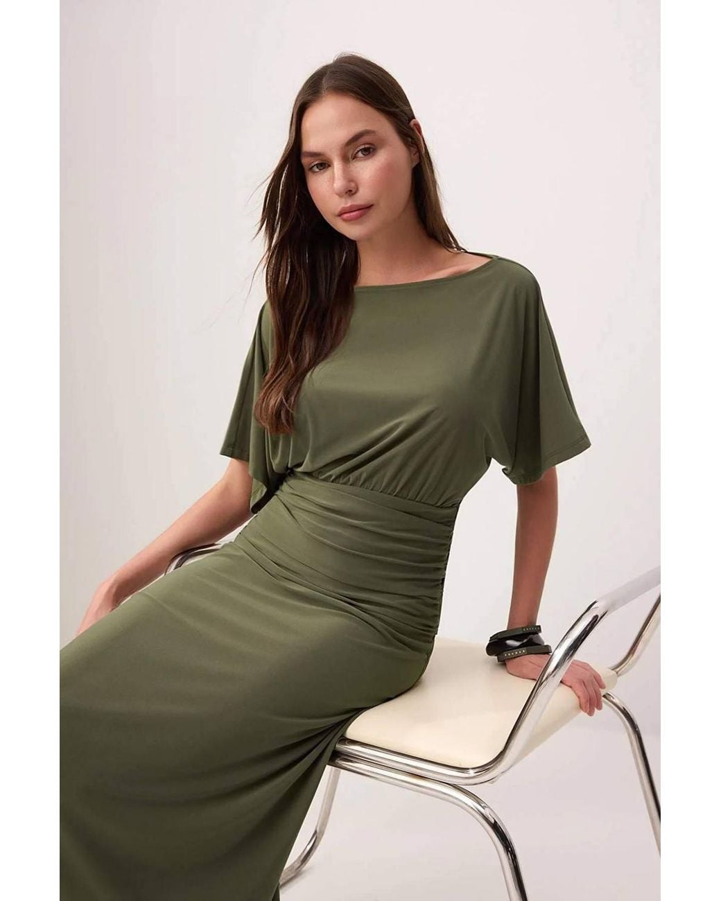 WOVCOR Green Boat Neck Batwing Sleeve Short Sleeve Skater Maxi Dress