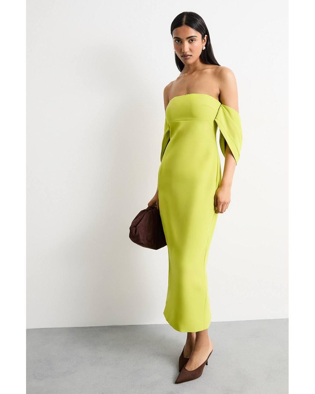 Warehouse Yellow Stretch Crepe Bardot Column Midi Dress