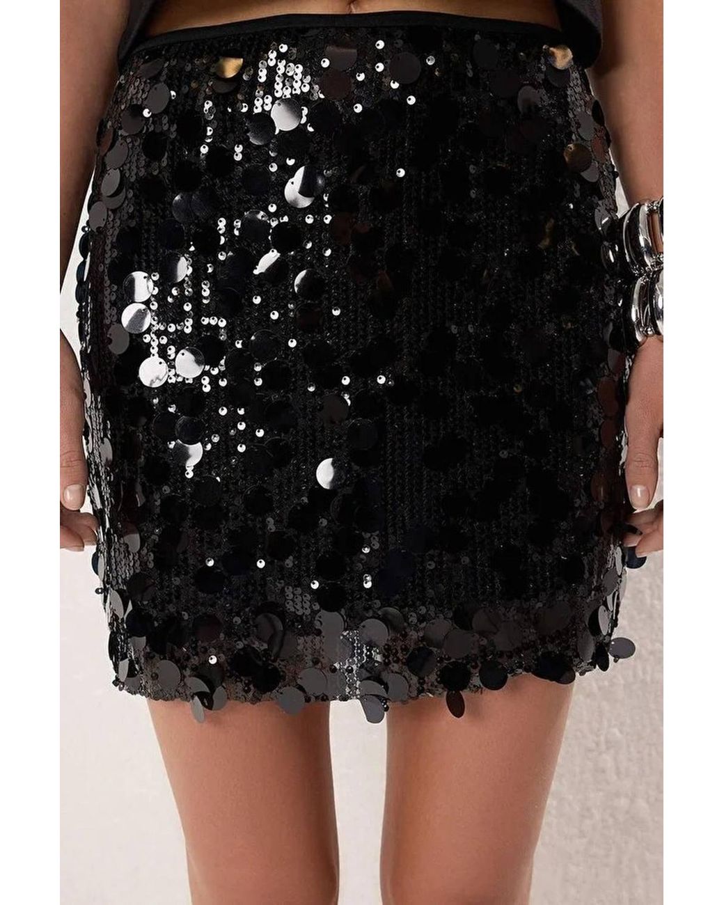 WOVCOR Black Sequin Mini Skirt W/ Ruffle Detail