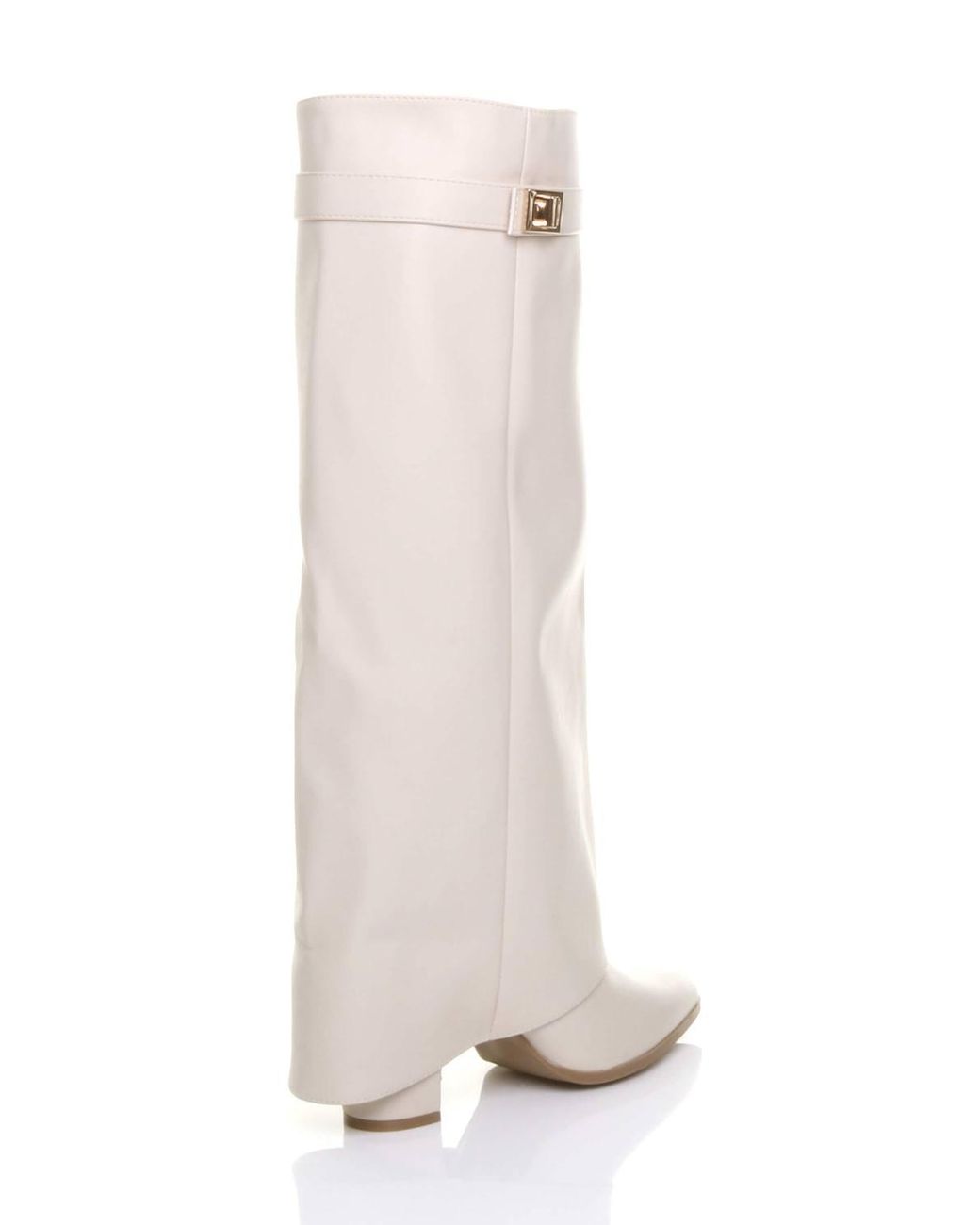 AJVANI White High Block Heel Pointed Toe Fold Over Knee Boots