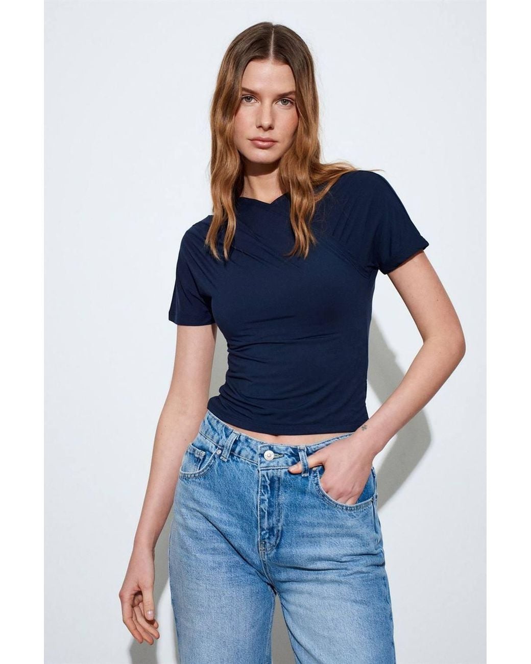 Dilvin Blue Slim Fit V-Neck Jersey Blouse