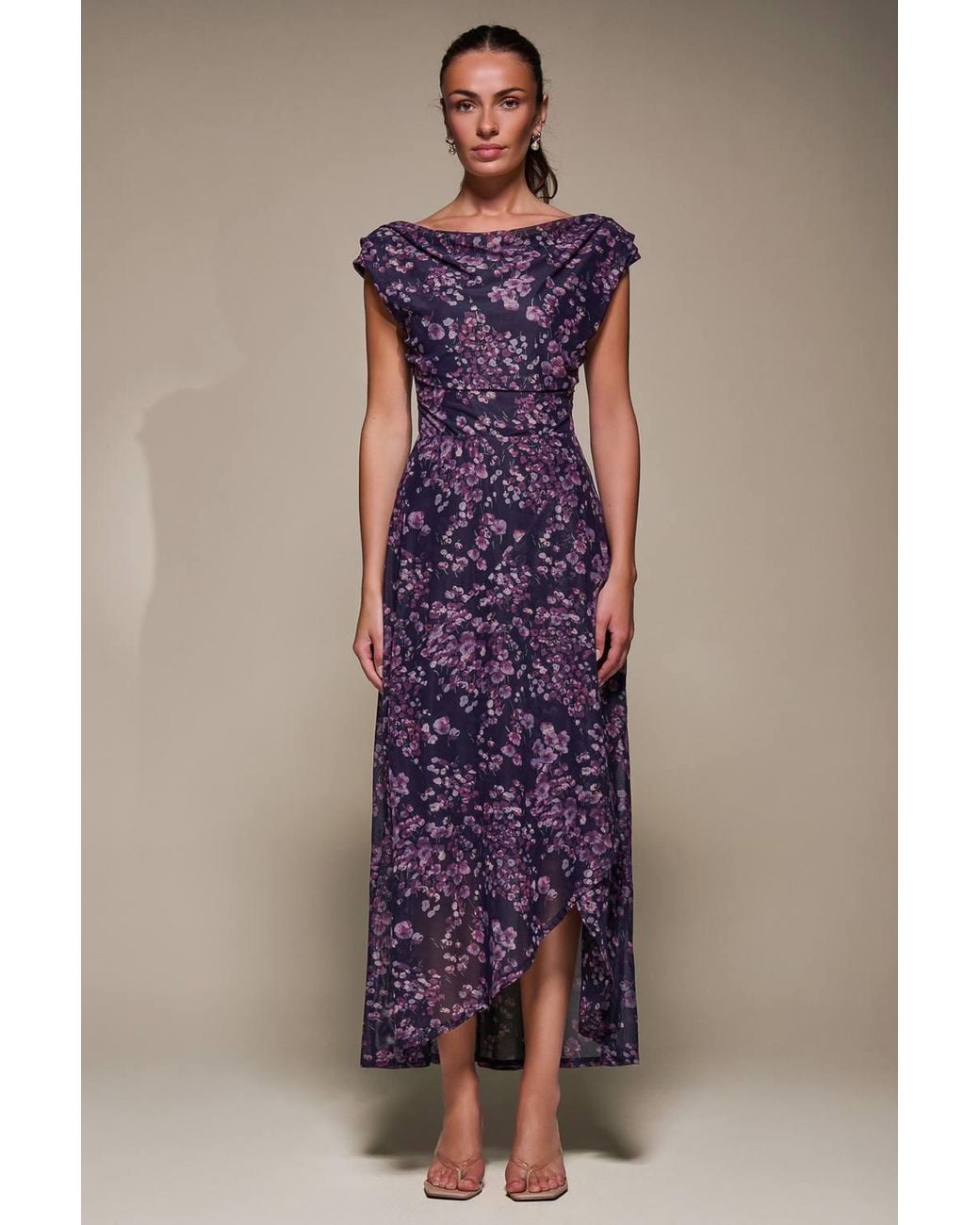 Jolie Moi Multicolor Asymmetric Draped Mesh Maxi Dress