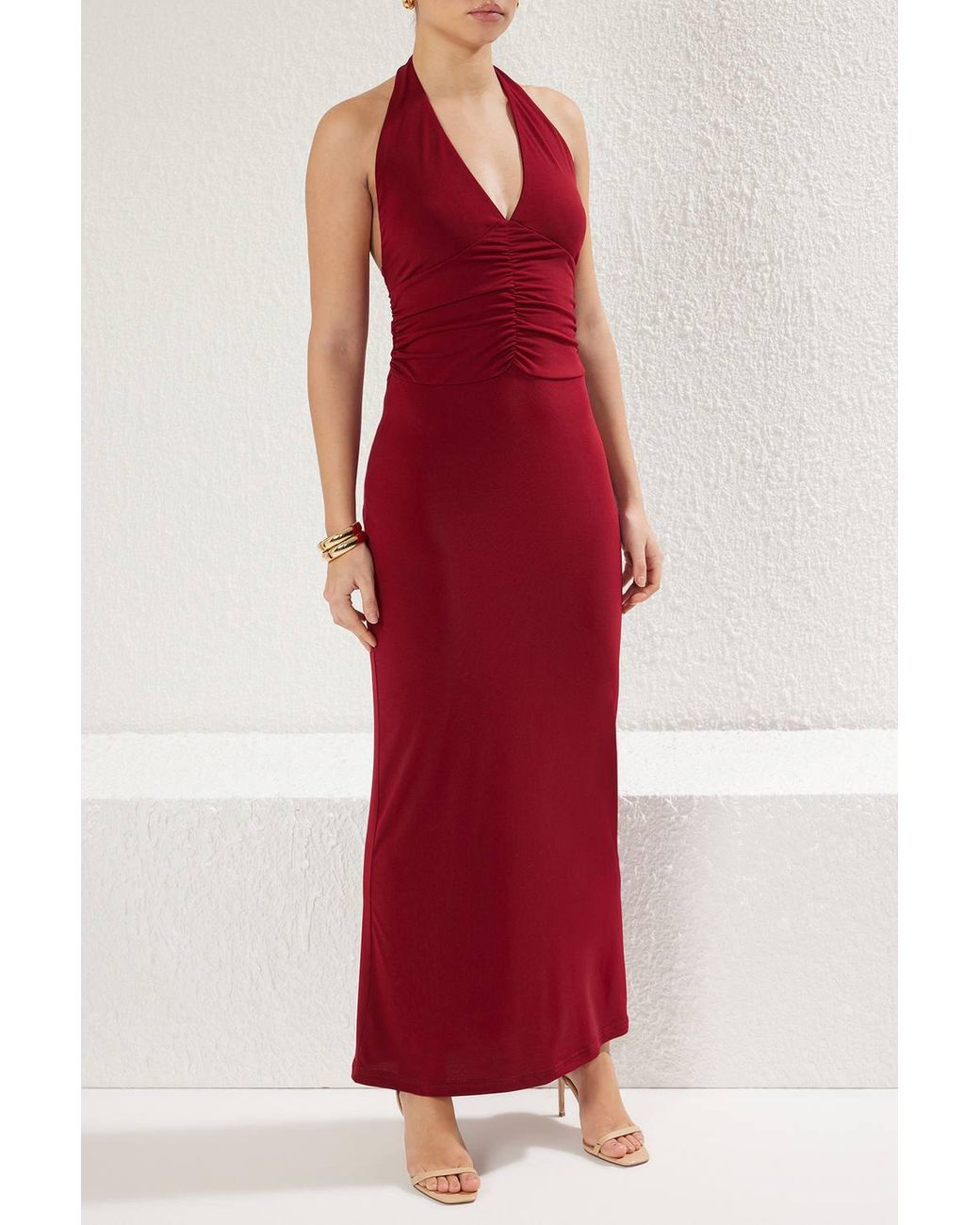 WOVCOR Red V Neck Drape Detail Bodycon Maxi Dress