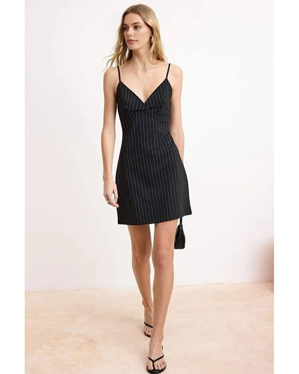 WOVCOR Black Pinstripe V Neck Mini A-Line Dress W/ Sleek Fit