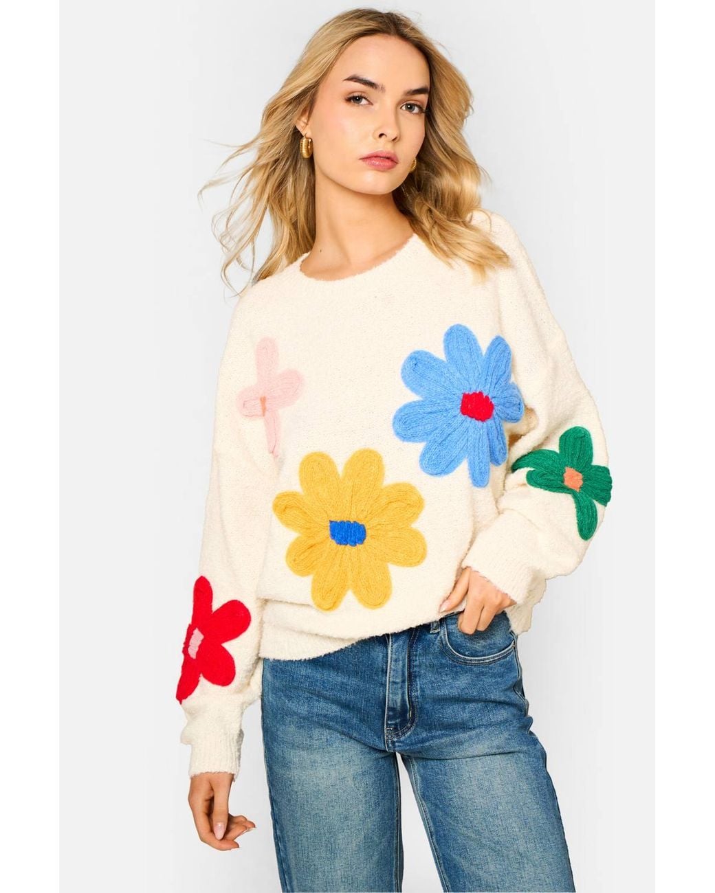 Gini London Blue 3D Flower Crochet Knitted Jumper