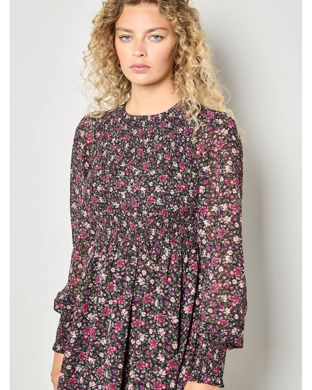 Apricot Purple Ditsy Floral Smocked Mini Dress