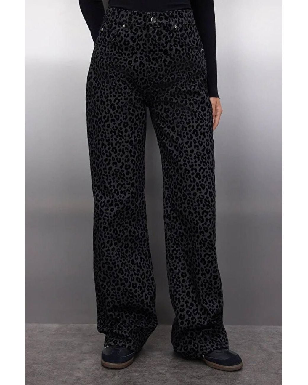 WOVCOR Black Leopard Print High Waist Suede Look Wide Leg Trousers