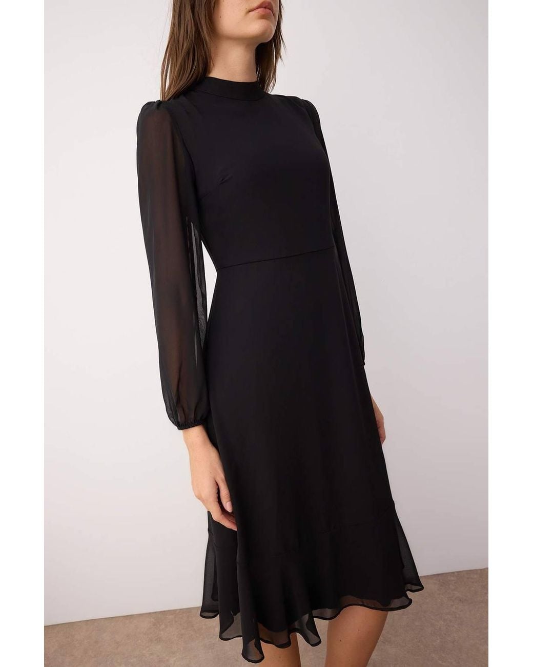 WOVCOR Black High Neck Long Sleeve A-Line Midi Dress
