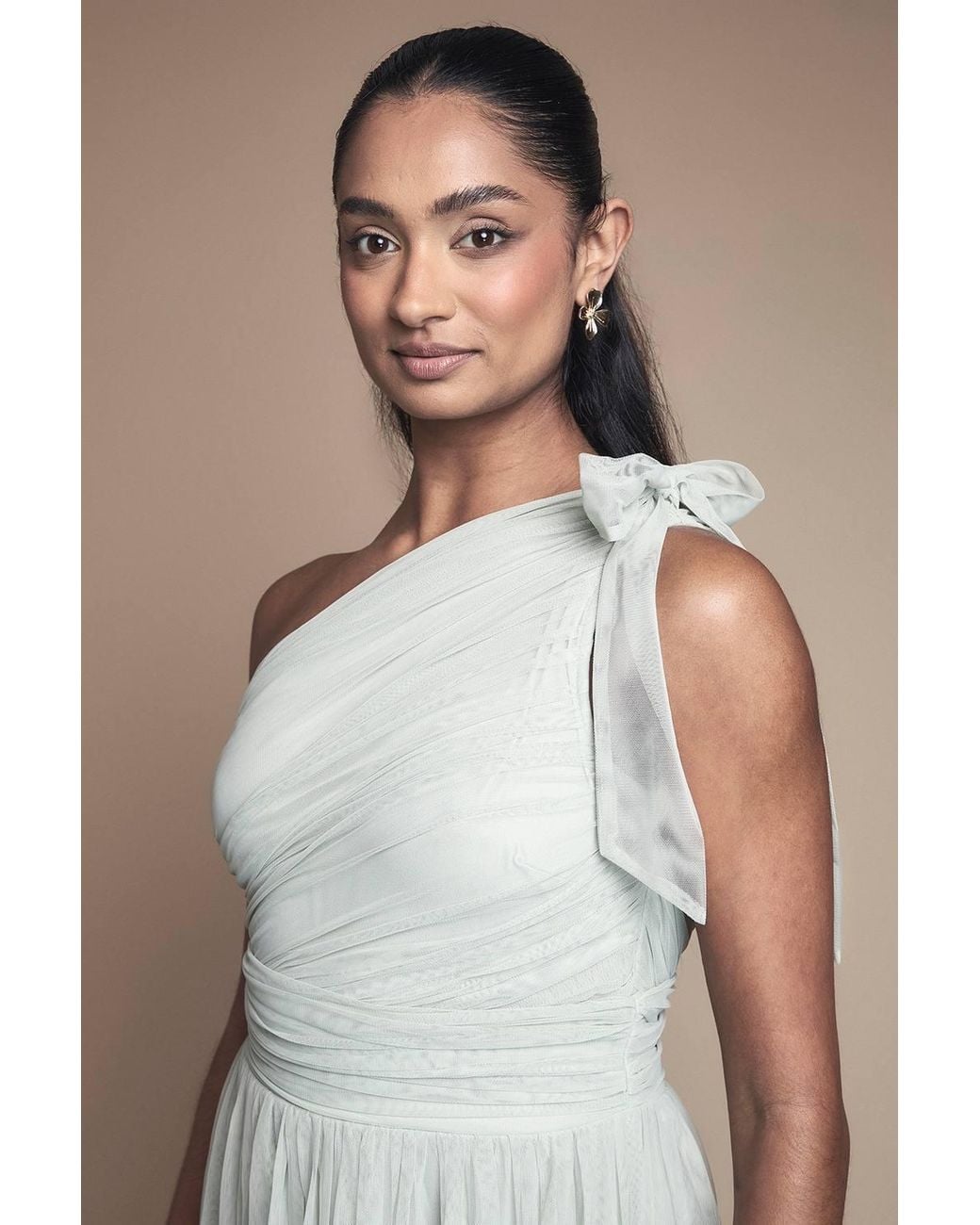 Oasis Green Pleated Mesh One Shoulder Tiered Maxi Bridesmaid Maxi Dress