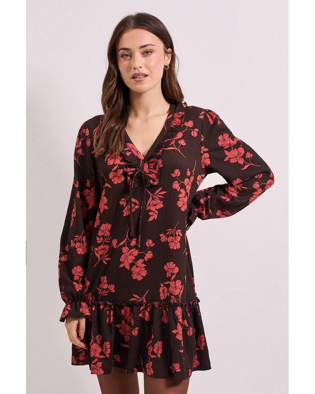 Dorothy Perkins Floral Tie Detail Frill Neck Blouson Sleeve Tiered Mini Dress