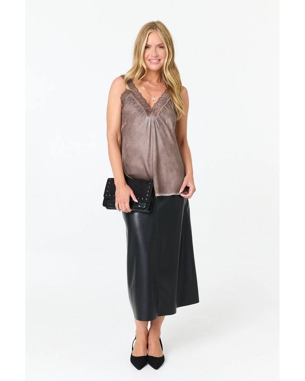 Izabel London Brown Lace Trim Satin Texture Vest Top