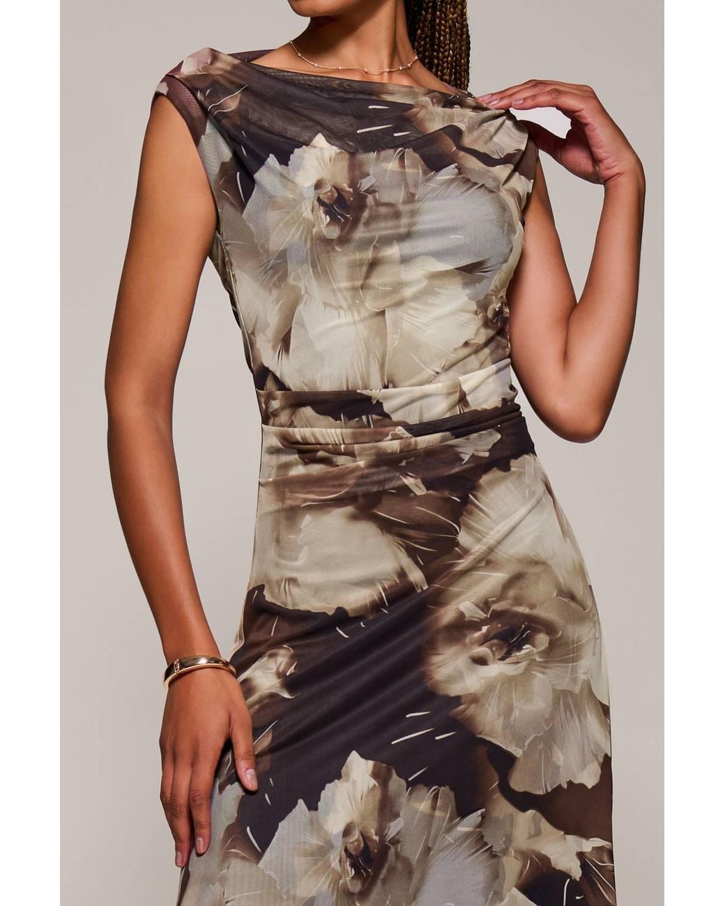 Jolie Moi Brown Multiway Neckline Mesh Maxi Dress