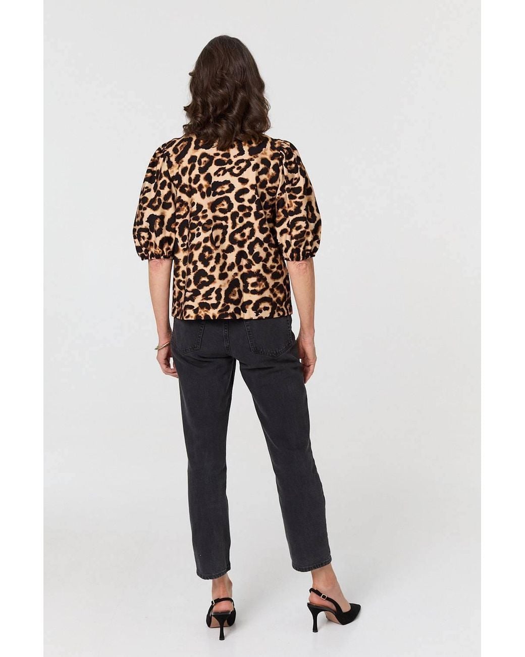 Izabel London Brown Animal Print Bow Front Puff Sleeve Shirt