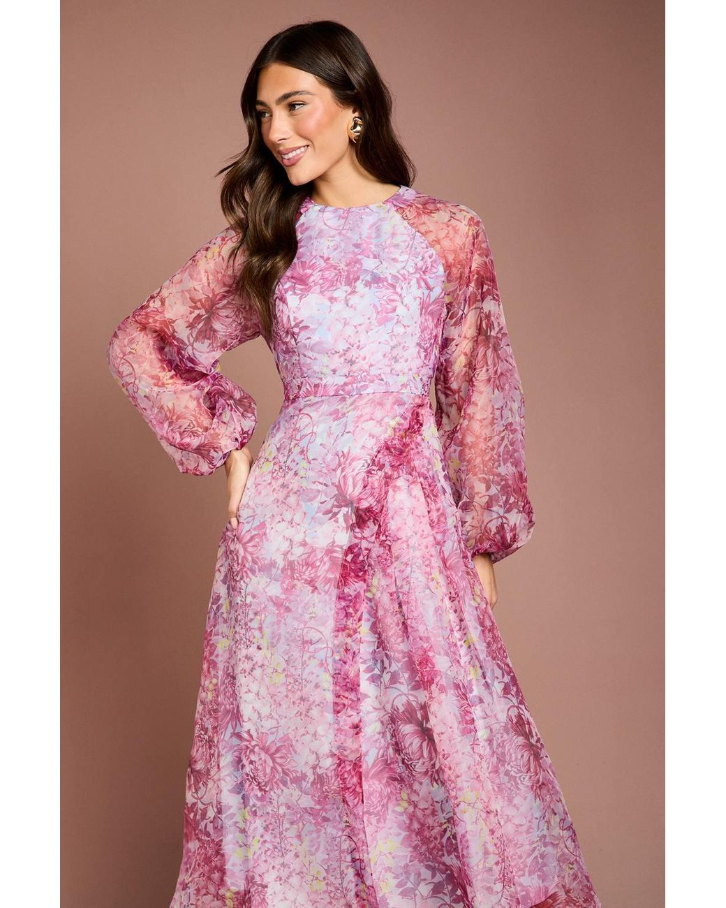 Coast Pink Organza Wrap Waist Puff Sleeve Midi Dress