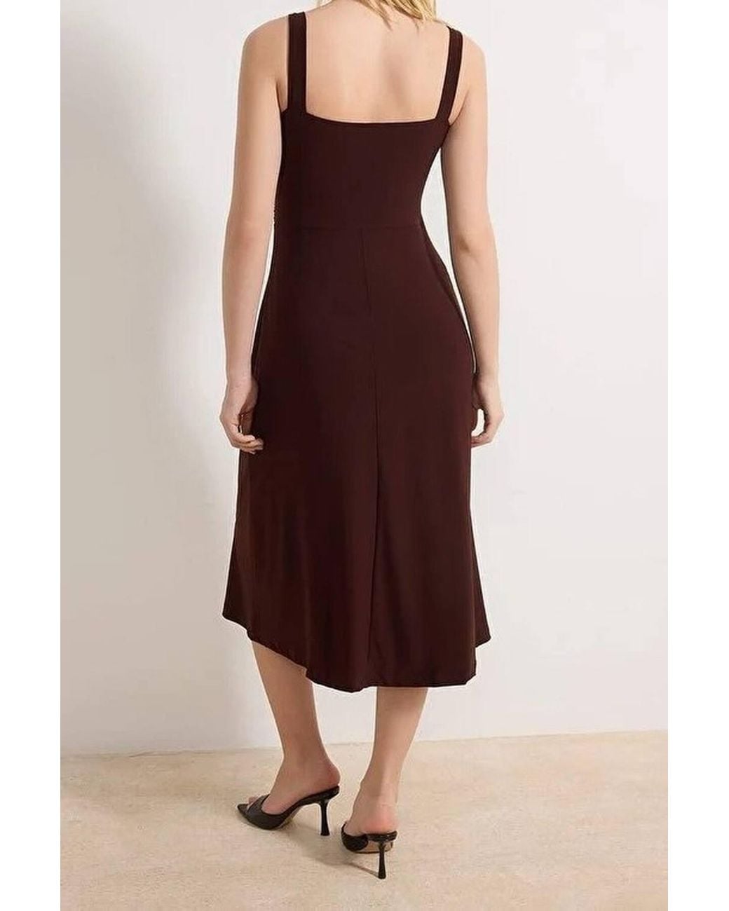 WOVCOR Brown Sweetheart Neck Bodycon Midi Dress W/ Strap Detail