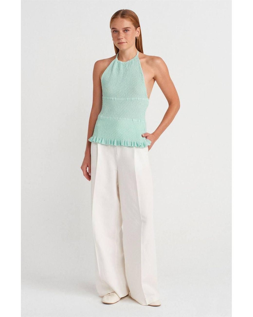 Dilvin Green Slim Fit Halter-Neck Knit Blouse