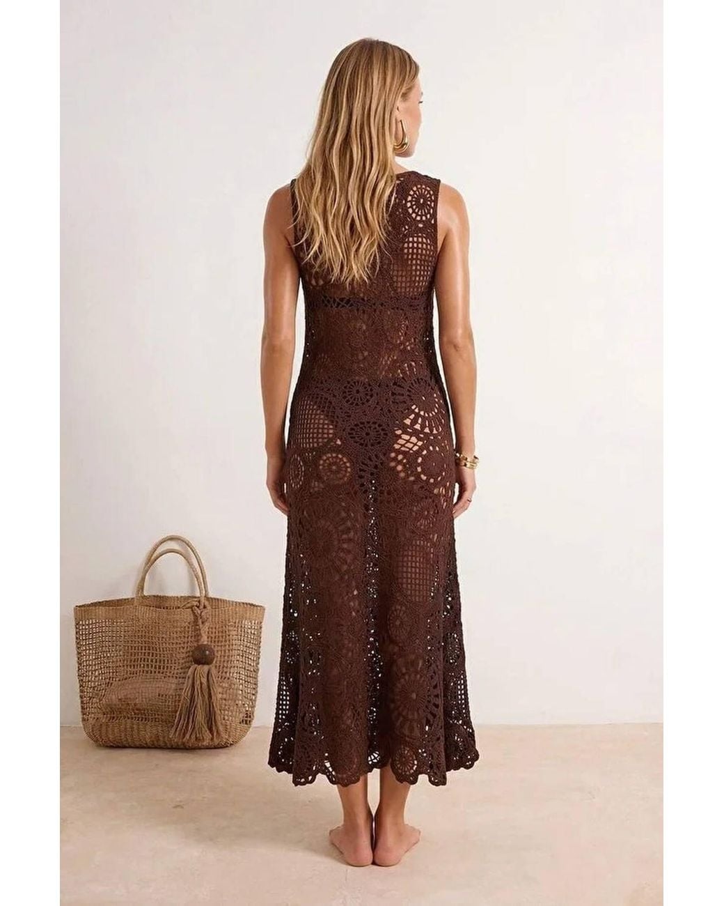 WOVCOR Brown Knitted Maxi Beach Dress W/ Sheer Crochet Detail