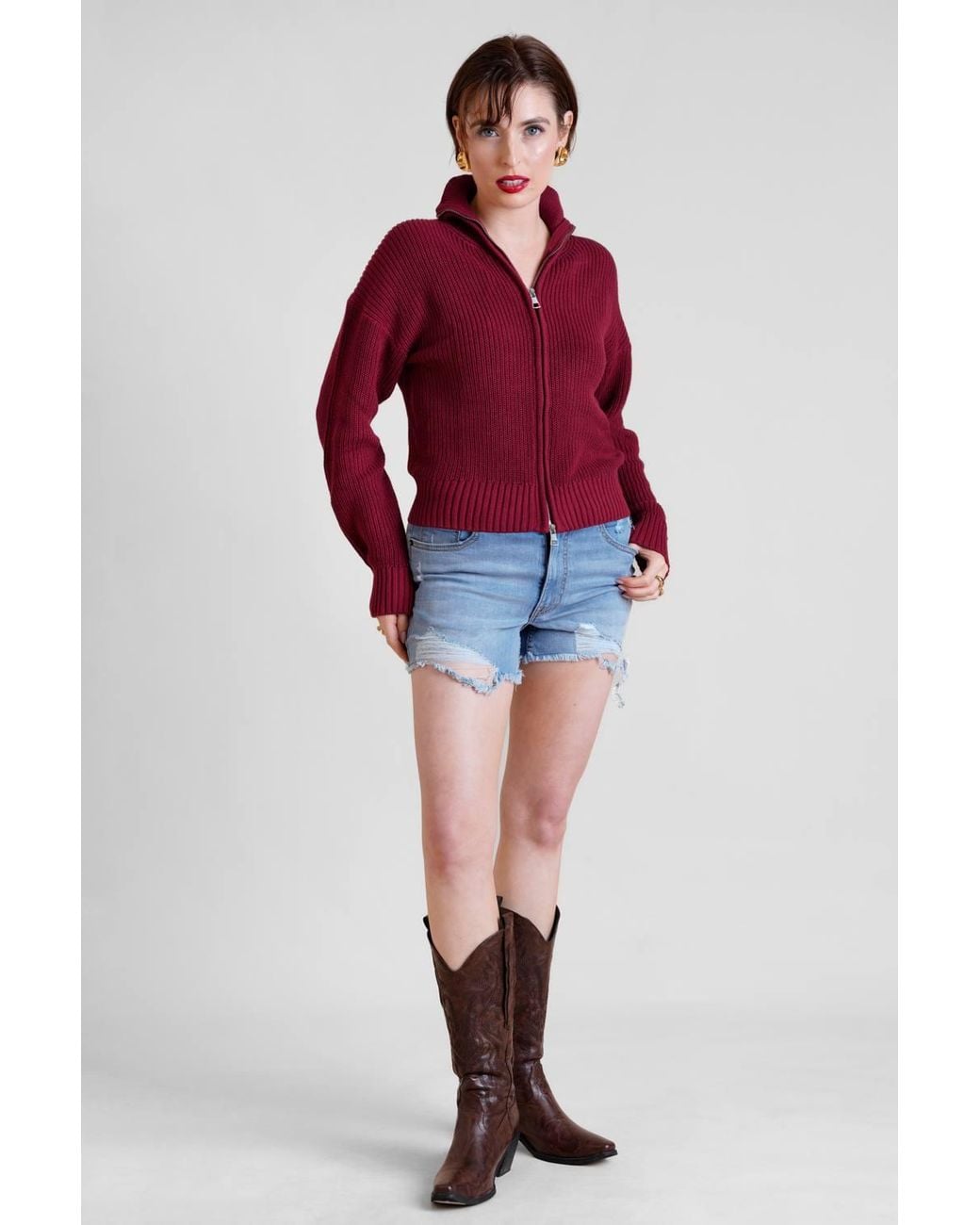 Enorsia Red Funnel Neck Two-Way Zip Jumper