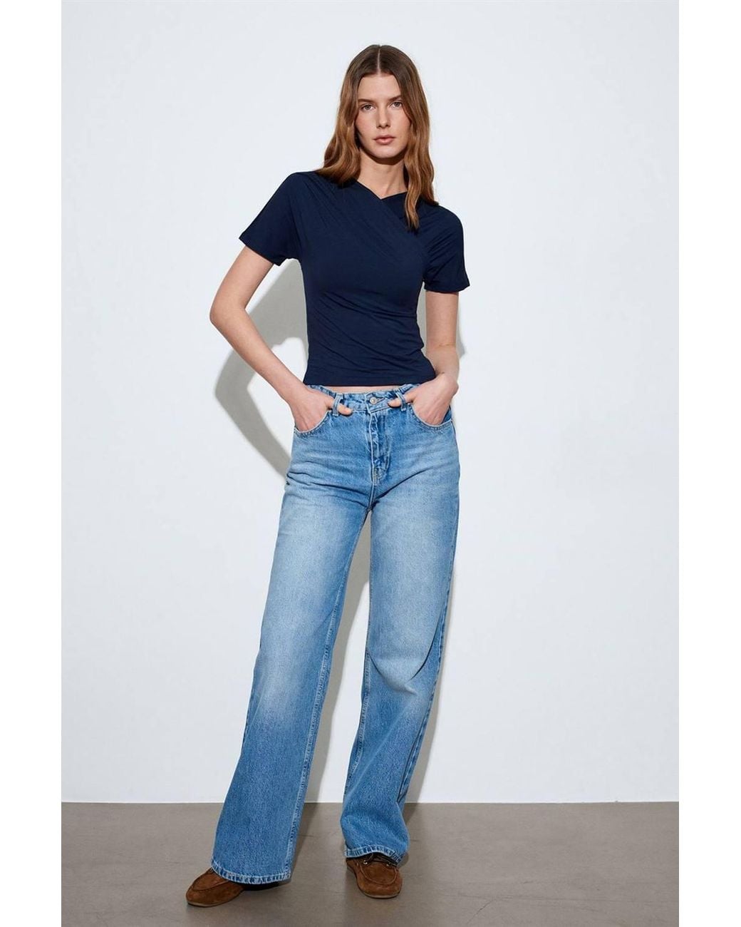 Dilvin Blue Slim Fit V-Neck Jersey Blouse